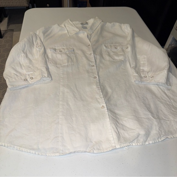 White Linen Shirt Women’s 3X Plus Sz. Button Up 100% Linen 3/4 Sleeve Tweeds - Picture 1 of 9